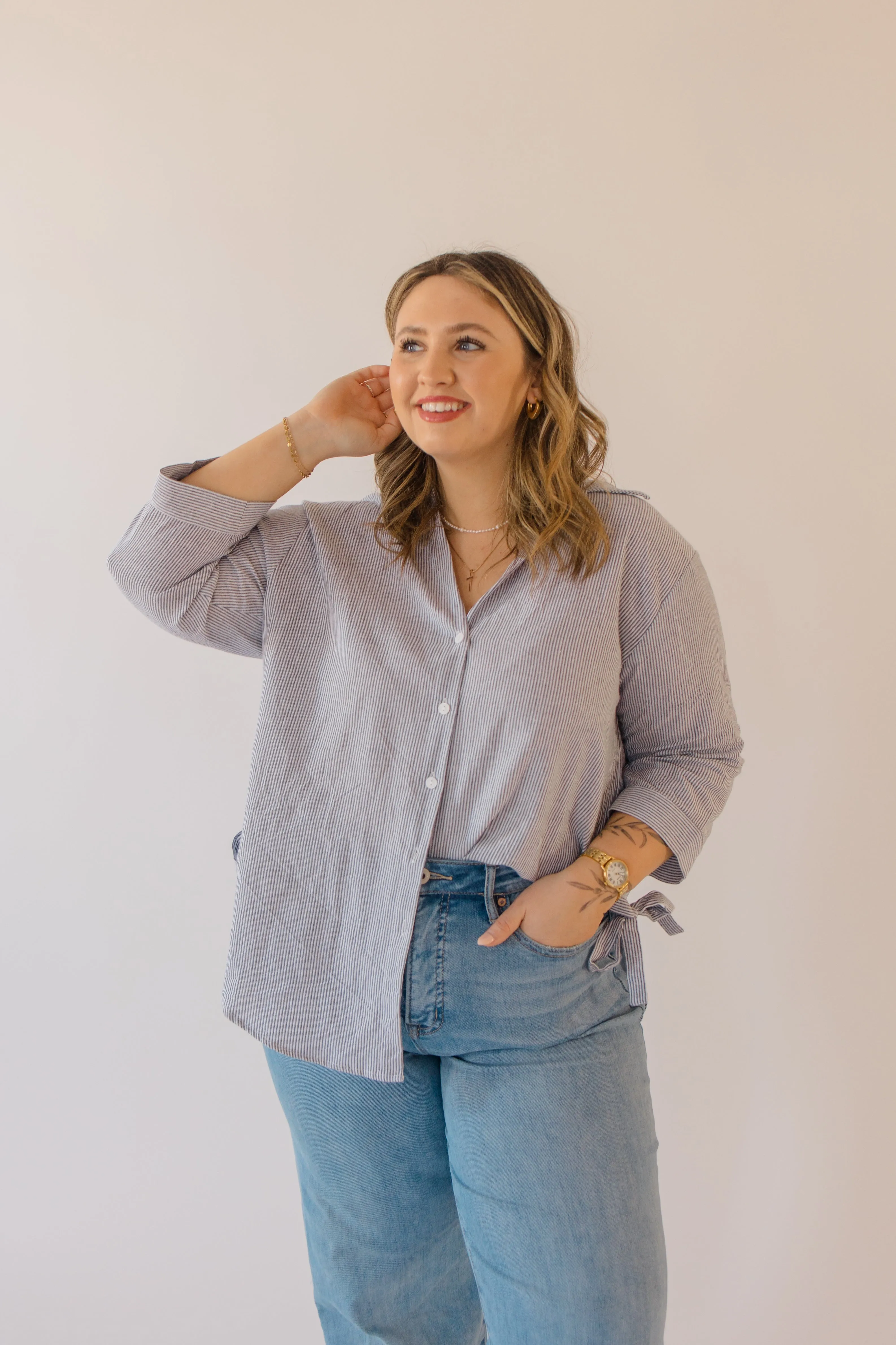 Striped Bow Tie Detail Button Down Top
