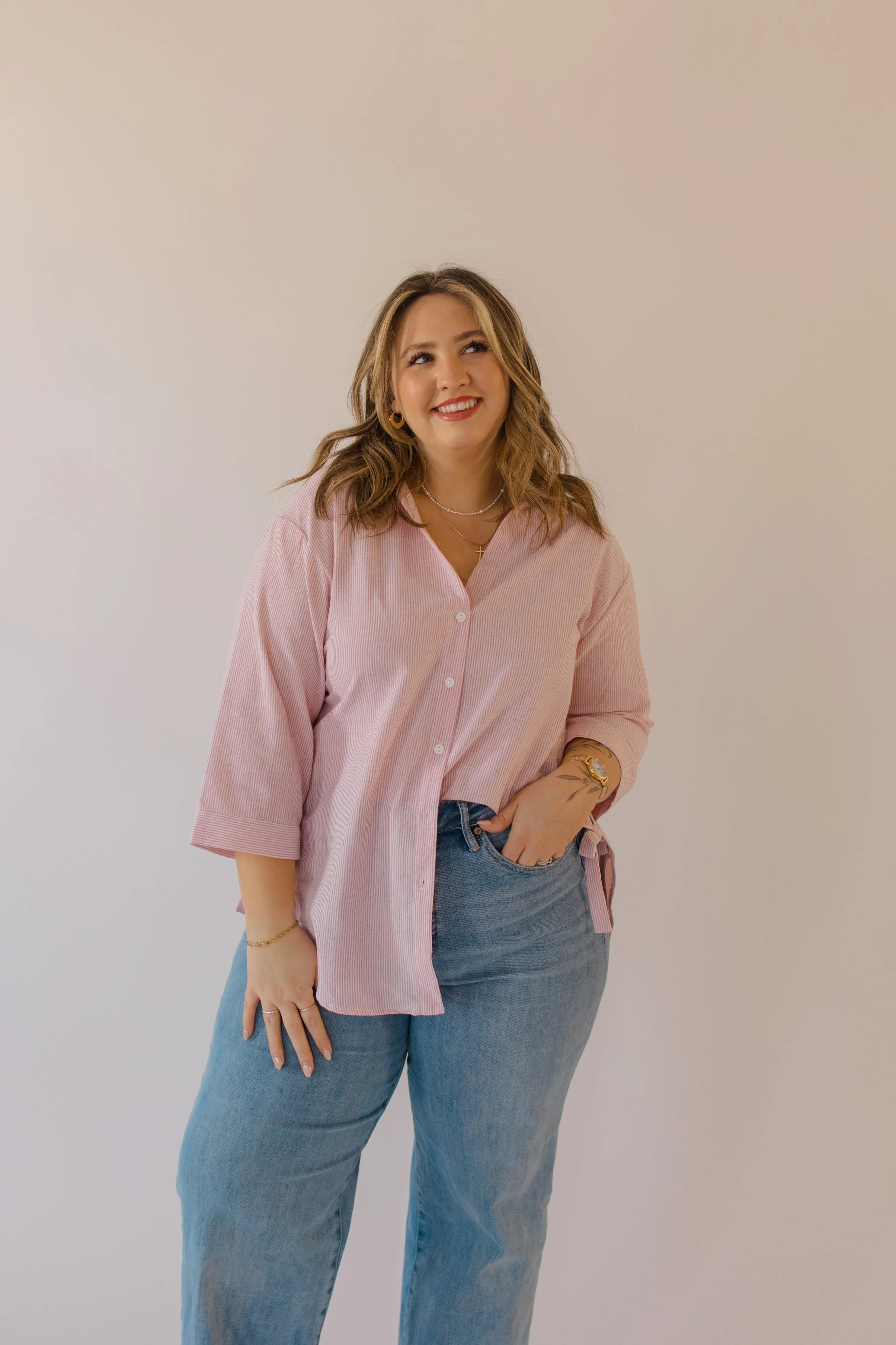 Striped Bow Tie Detail Button Down Top