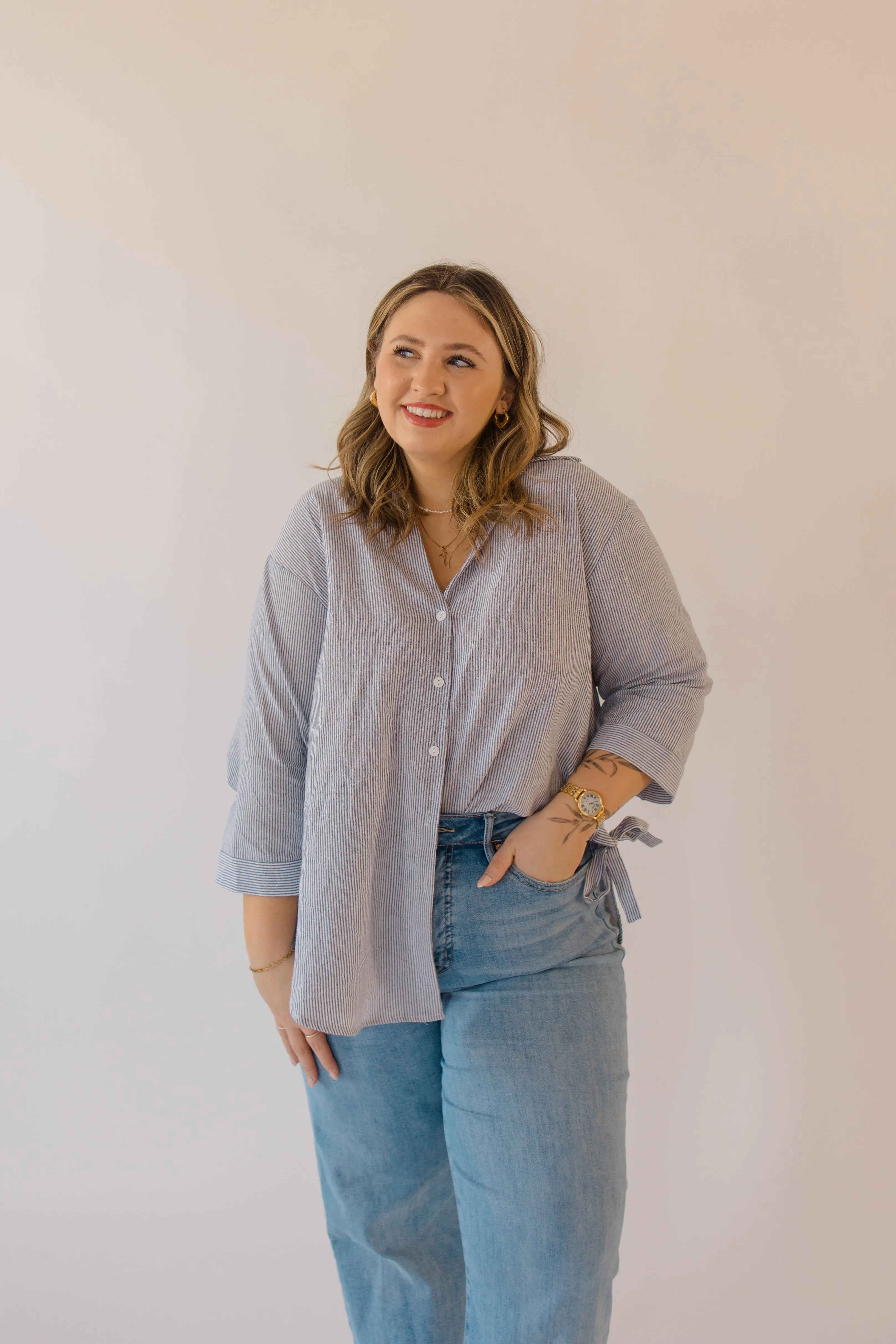 Striped Bow Tie Detail Button Down Top