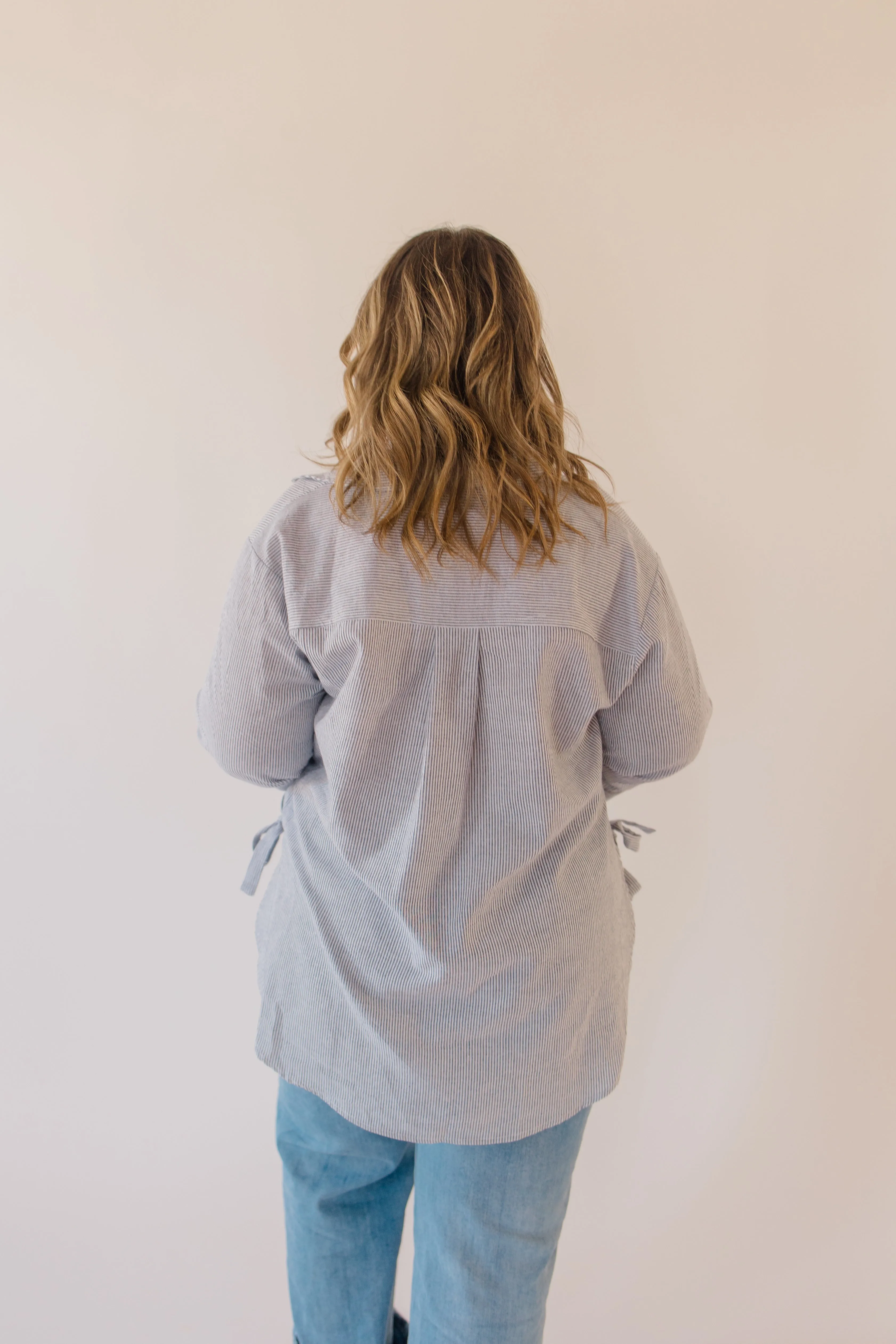 Striped Bow Tie Detail Button Down Top