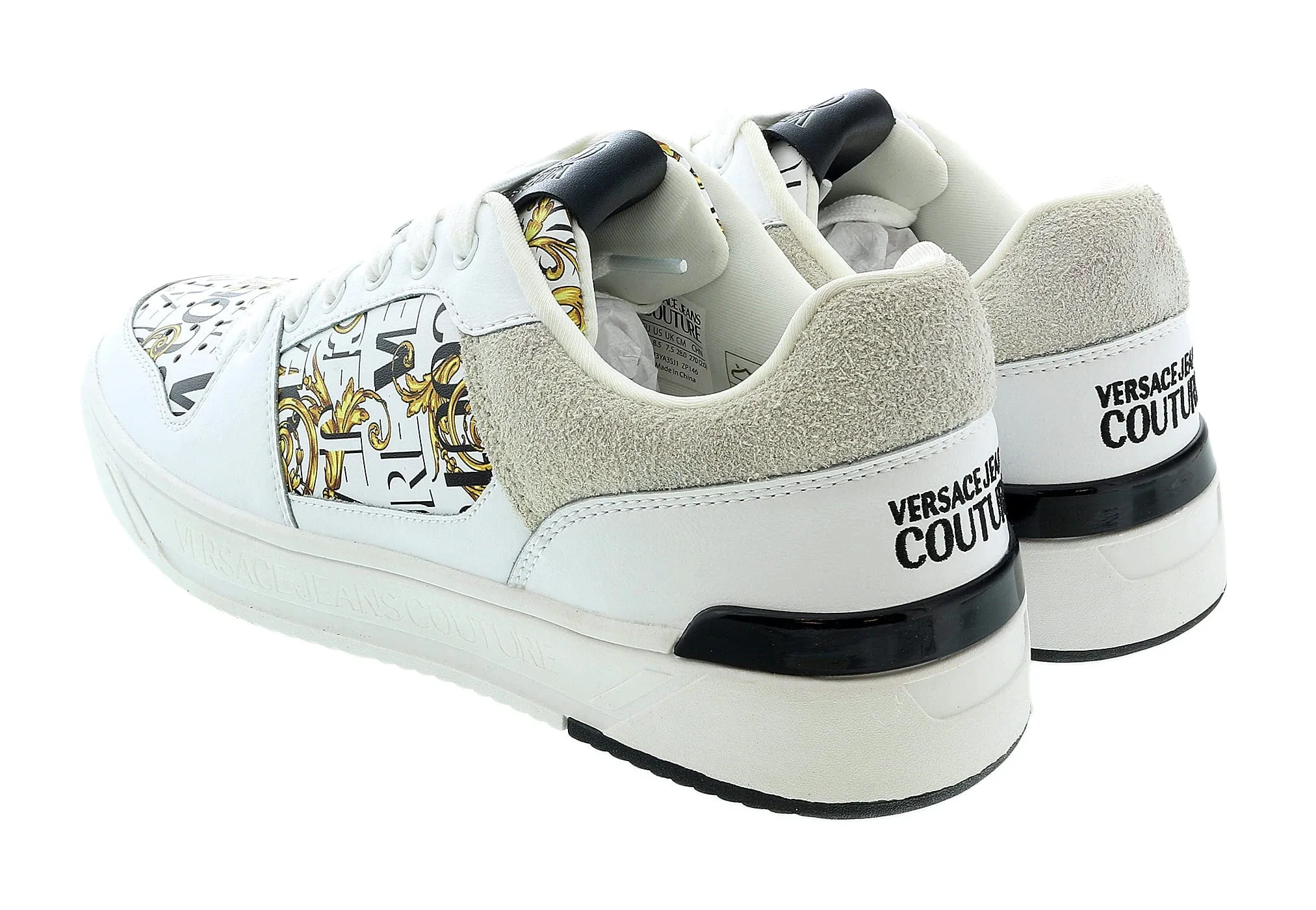 Versace Jeans Couture White Gold Baroque Trim  Fashion Court Sneakers-