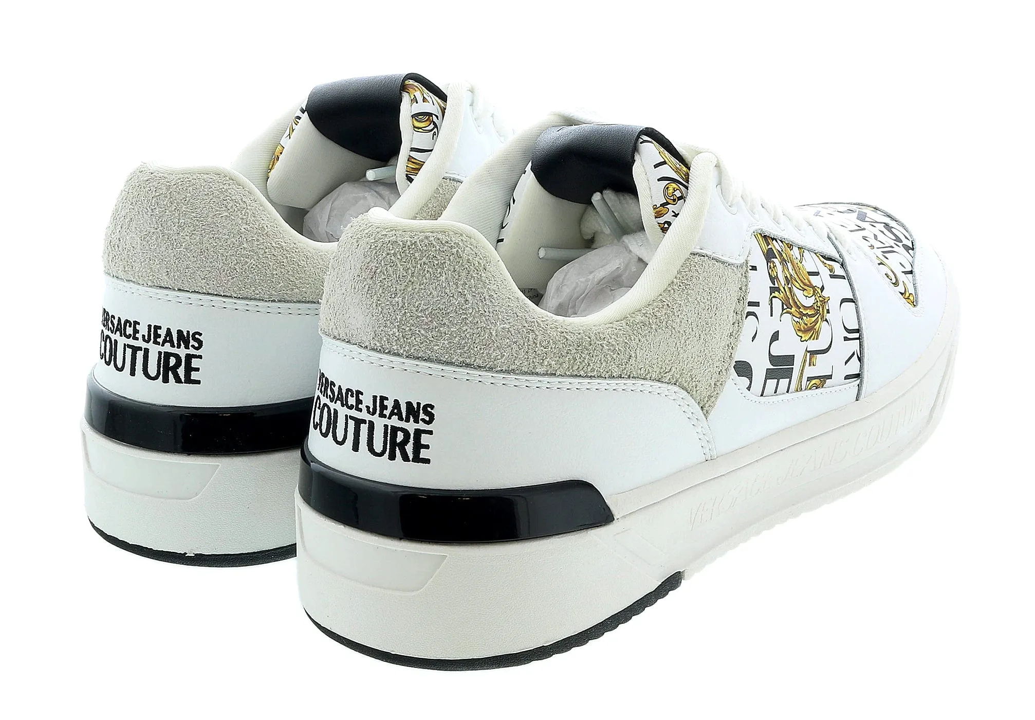 Versace Jeans Couture White Gold Baroque Trim  Fashion Court Sneakers-
