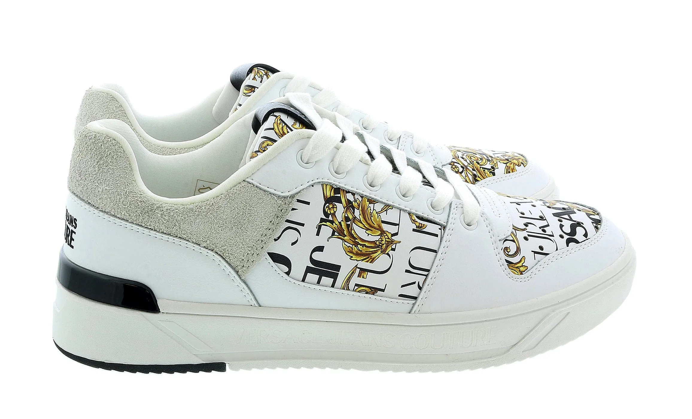 Versace Jeans Couture White Gold Baroque Trim  Fashion Court Sneakers-