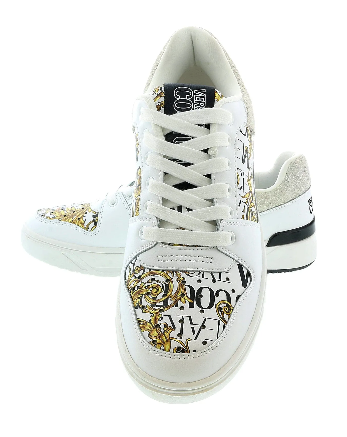 Versace Jeans Couture White Gold Baroque Trim  Fashion Court Sneakers-