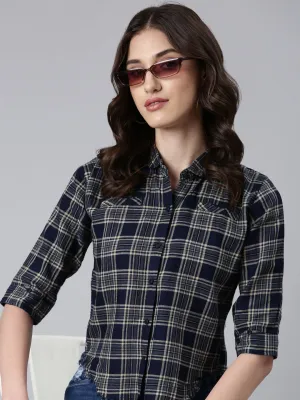Women Navy Blue Slim Fit Tartan Checked Cotton Casual Shirt