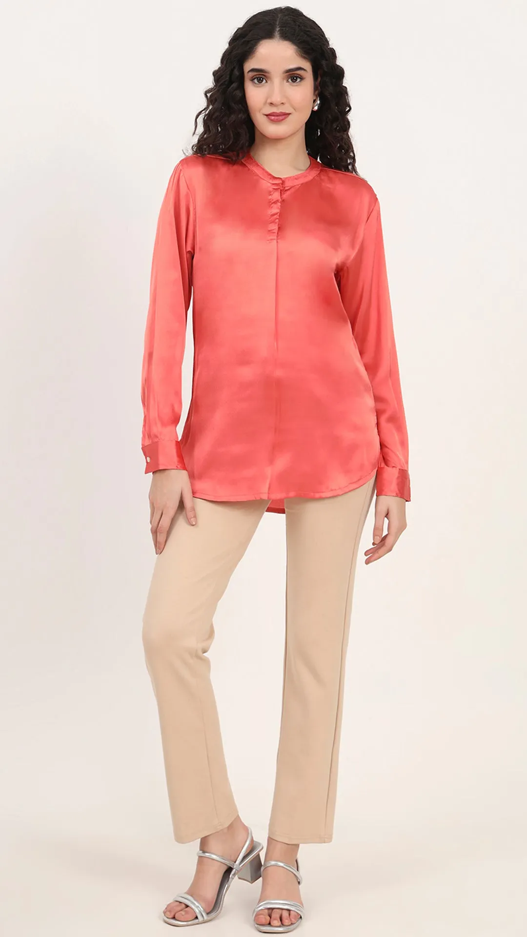 Womens Premium Summer Satin Coral Front Pleated Tunic