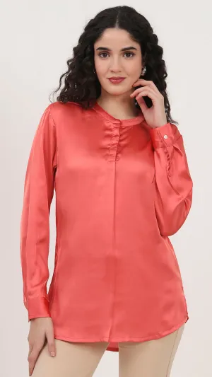 Womens Premium Summer Satin Coral Front Pleated Tunic