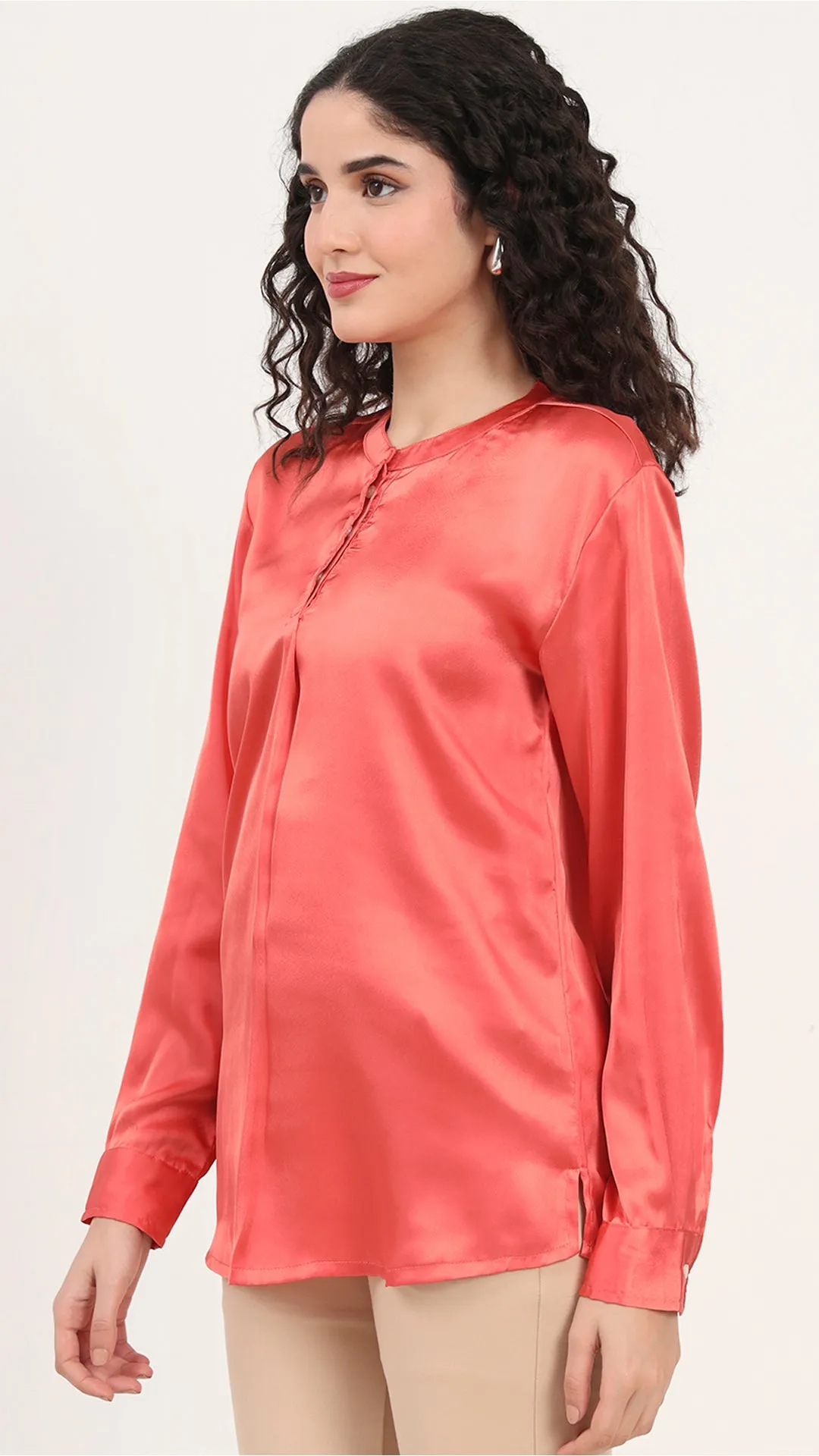 Womens Premium Summer Satin Coral Front Pleated Tunic