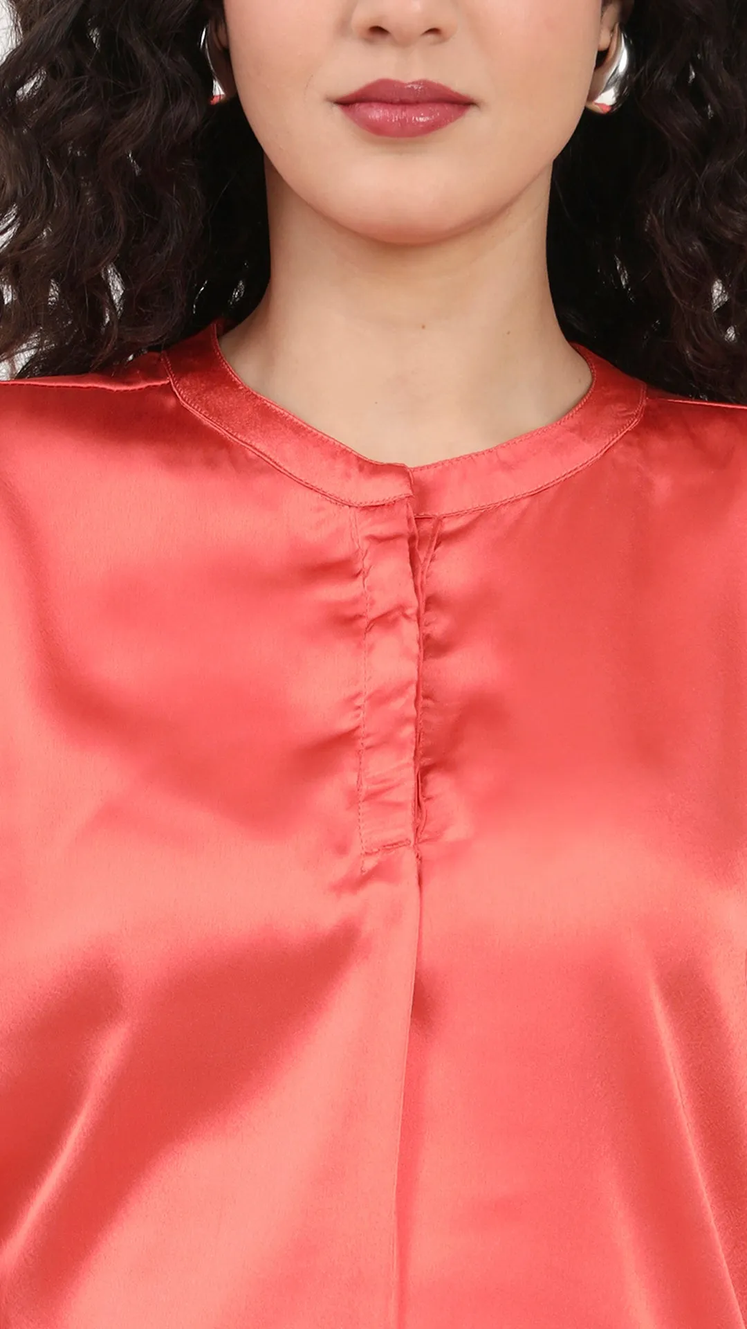 Womens Premium Summer Satin Coral Front Pleated Tunic
