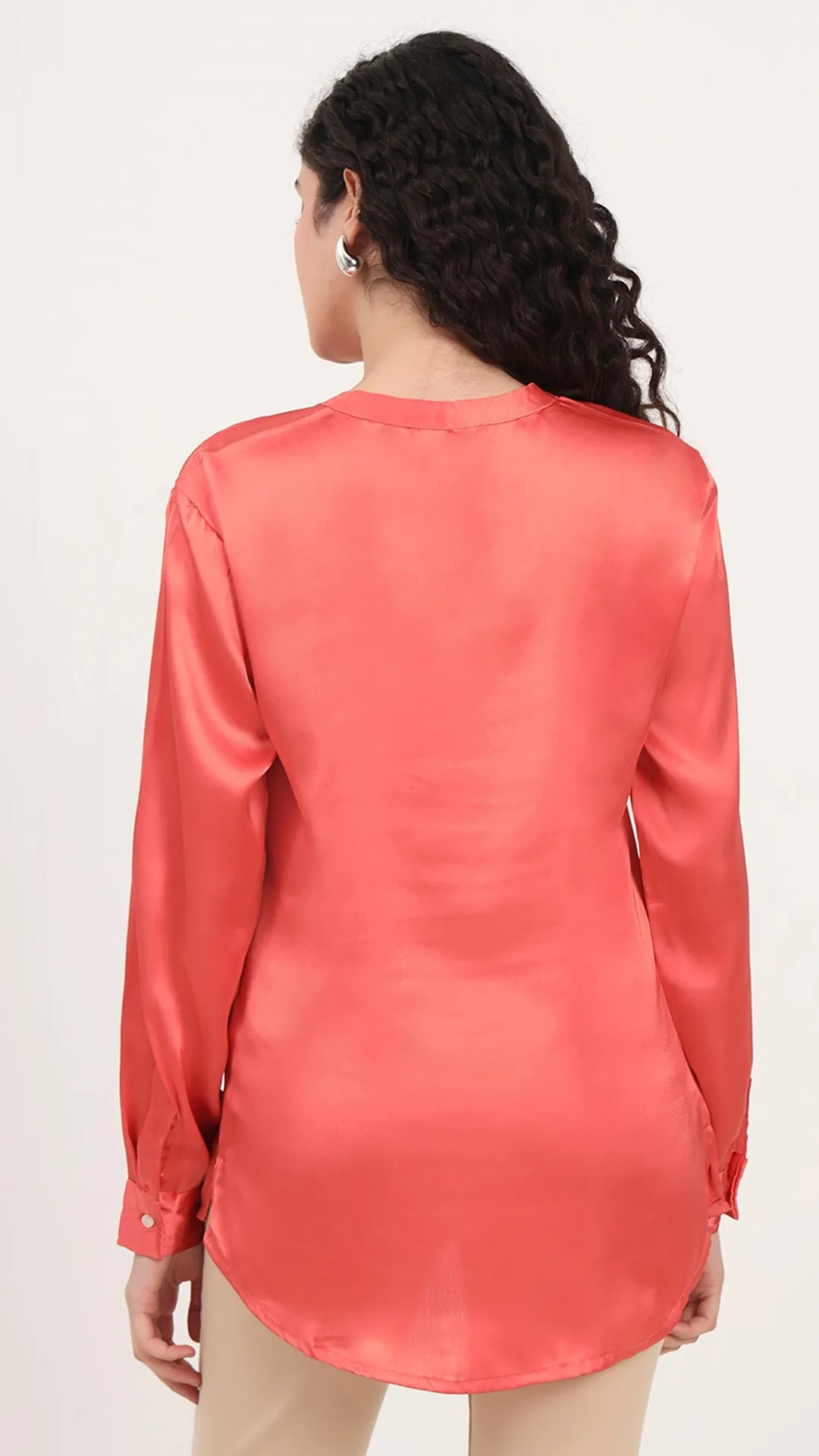 Womens Premium Summer Satin Coral Front Pleated Tunic