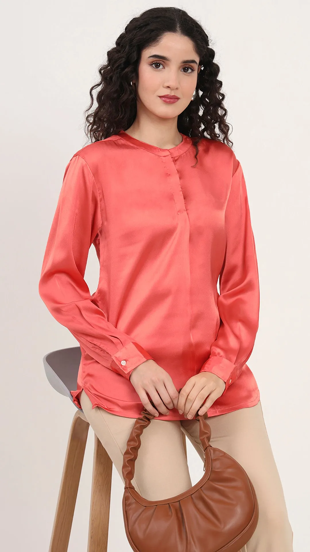 Womens Premium Summer Satin Coral Front Pleated Tunic