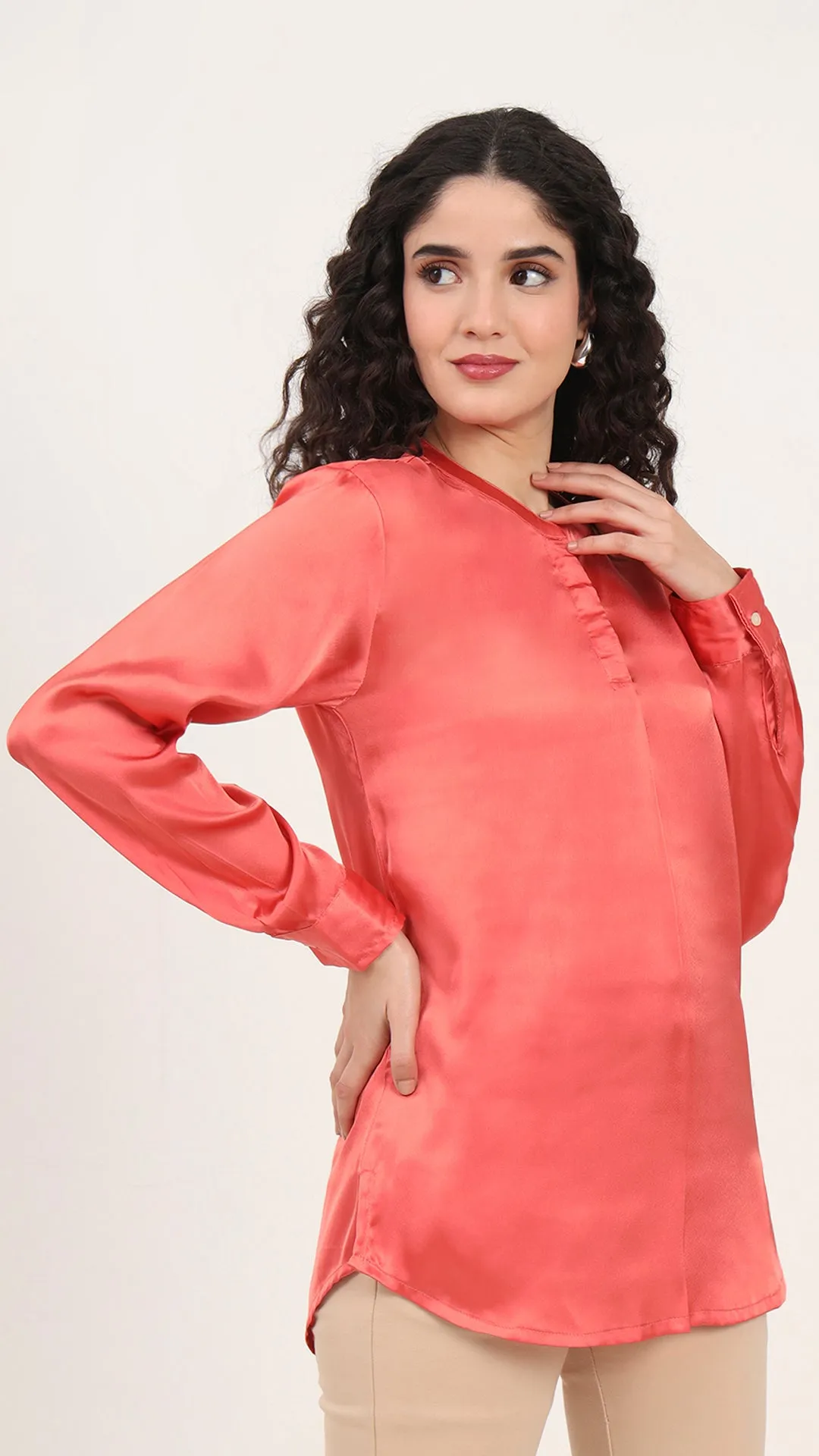 Womens Premium Summer Satin Coral Front Pleated Tunic