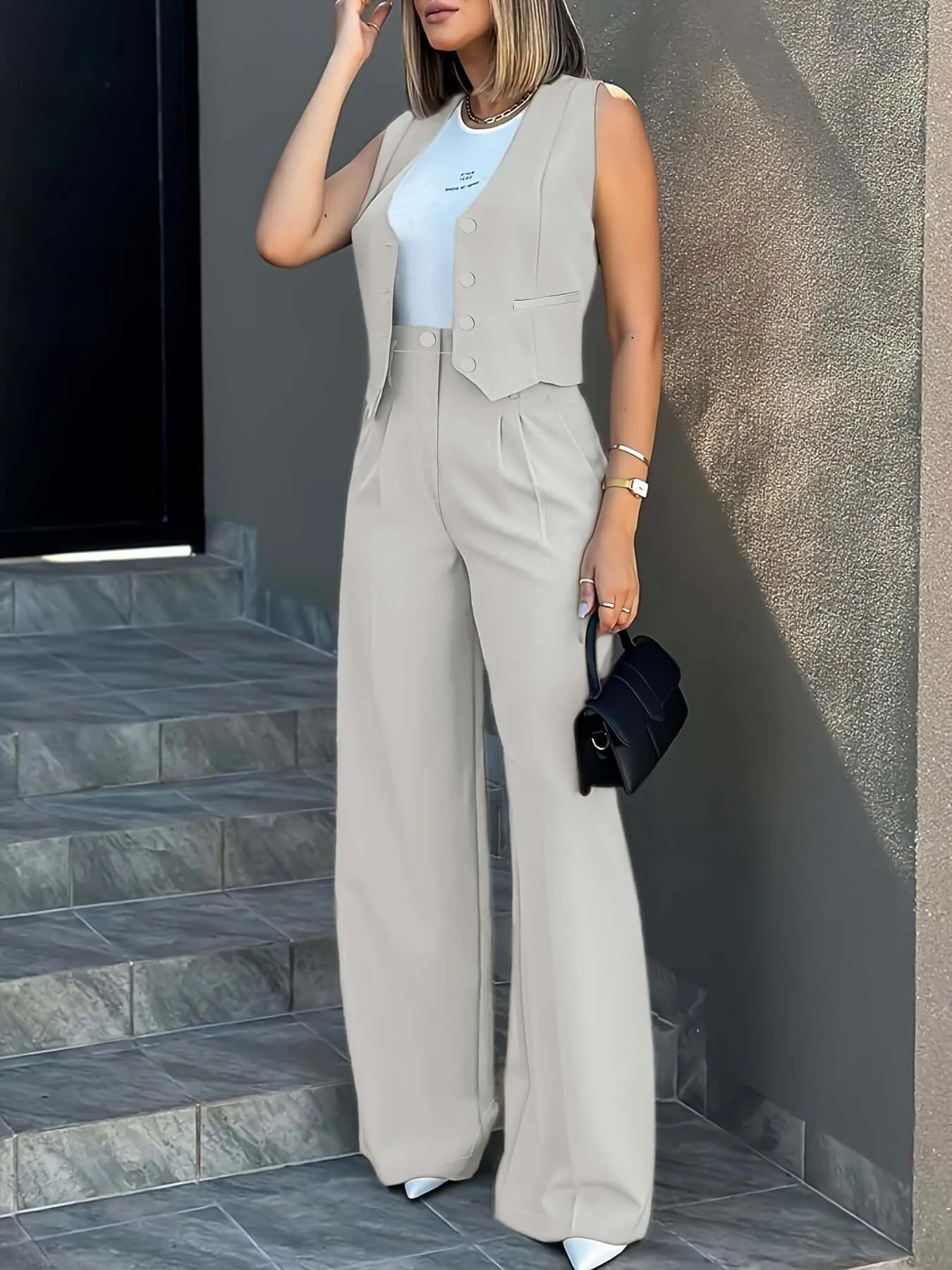 Women's Tailored Two-Piece Suit: Fitted Vest & Wide-Leg Trousers
