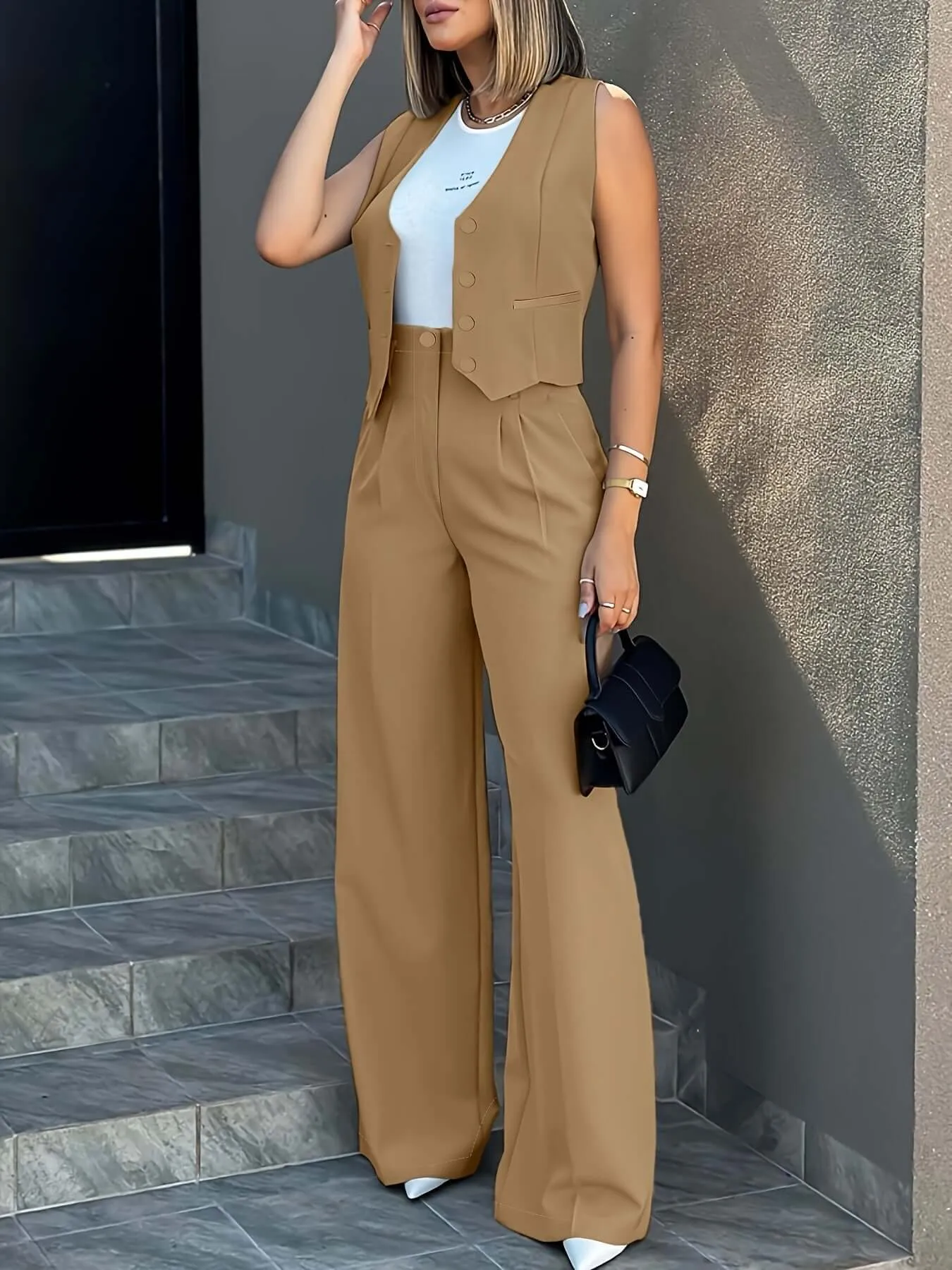 Women's Tailored Two-Piece Suit: Fitted Vest & Wide-Leg Trousers