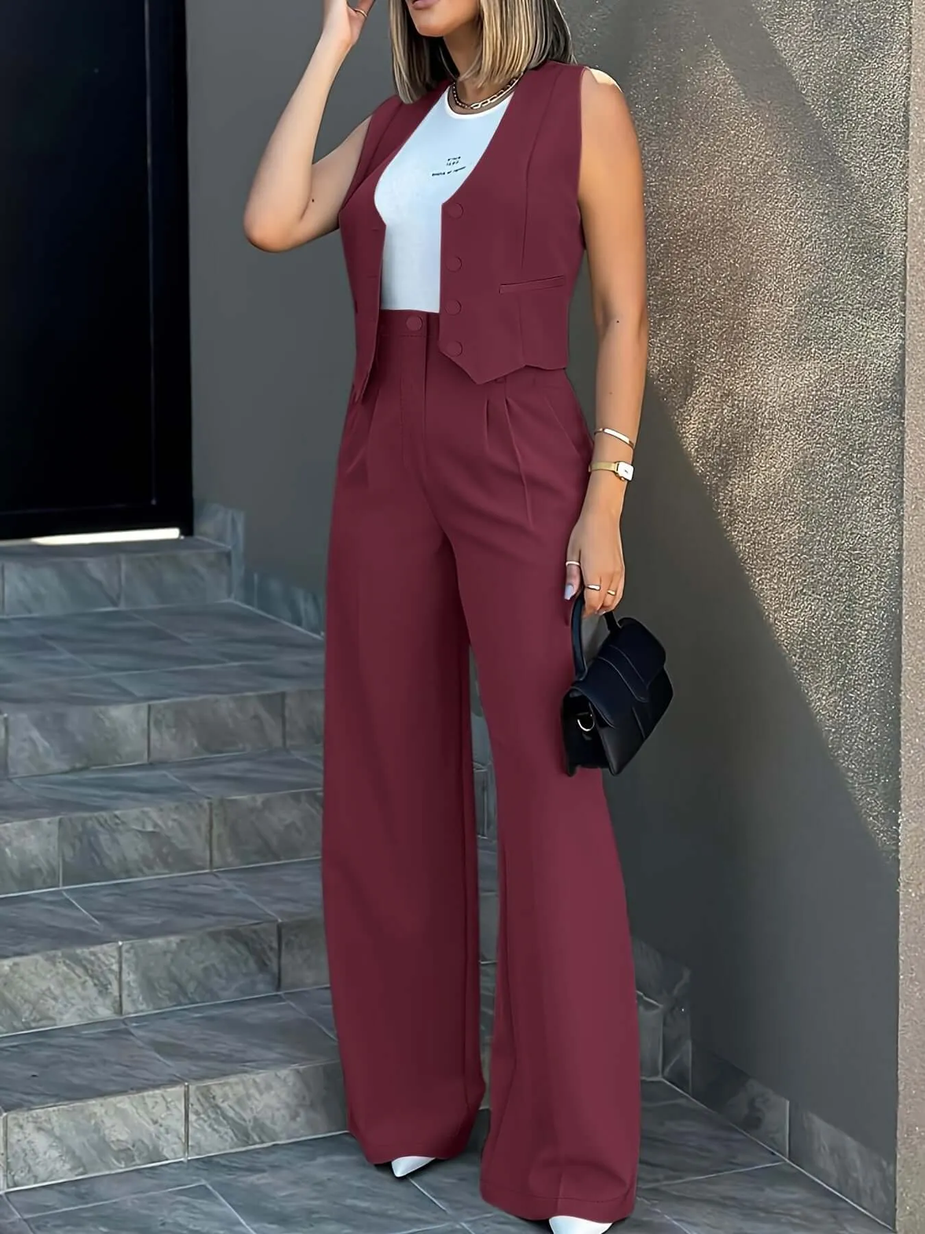 Women's Tailored Two-Piece Suit: Fitted Vest & Wide-Leg Trousers