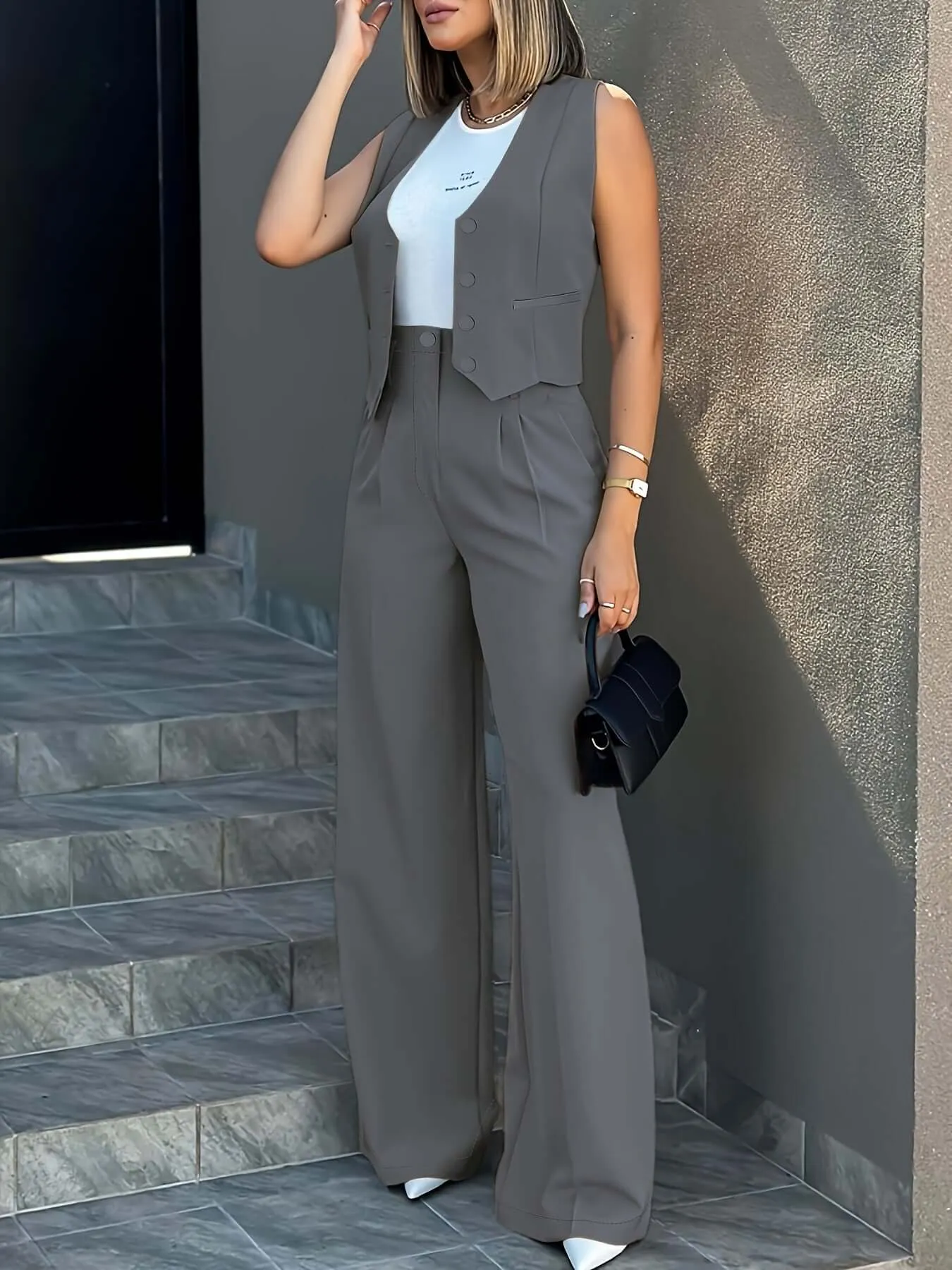 Women's Tailored Two-Piece Suit: Fitted Vest & Wide-Leg Trousers